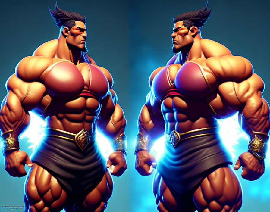 Muscular animated characters in black and gold with blue energy glow