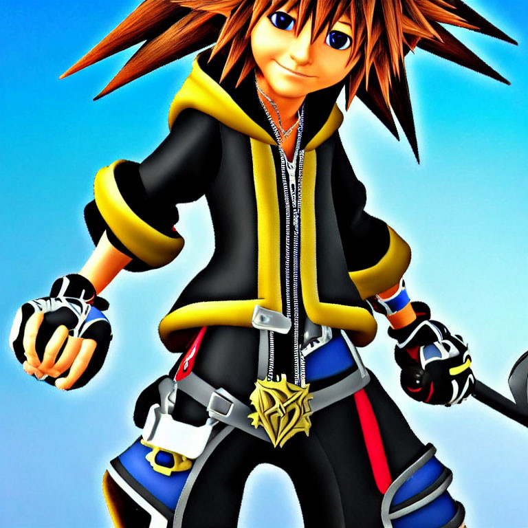 Animated character with spiky brown hair in black and yellow attire