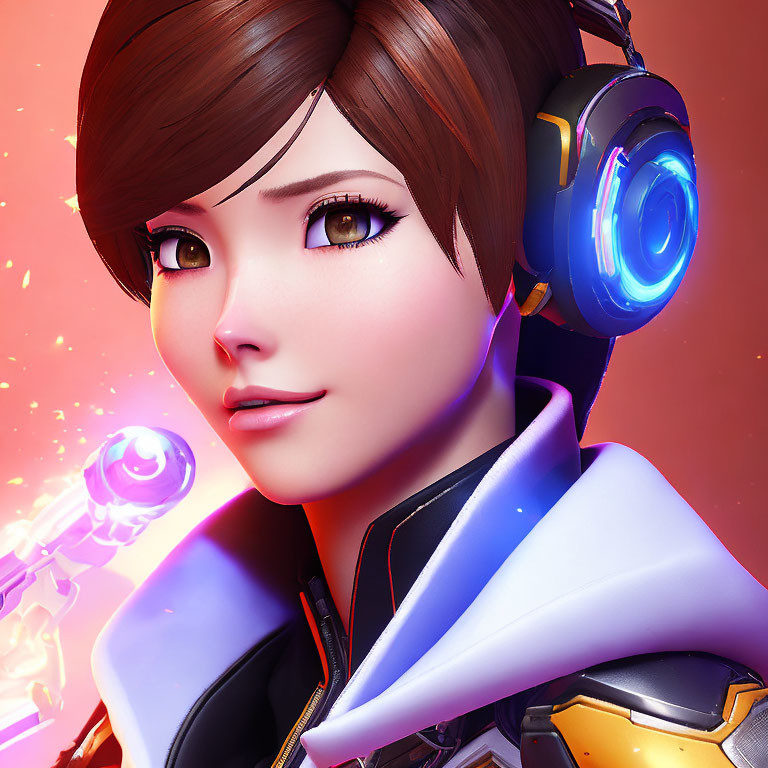 Female animated character with futuristic headset and glowing eyes on warm backdrop