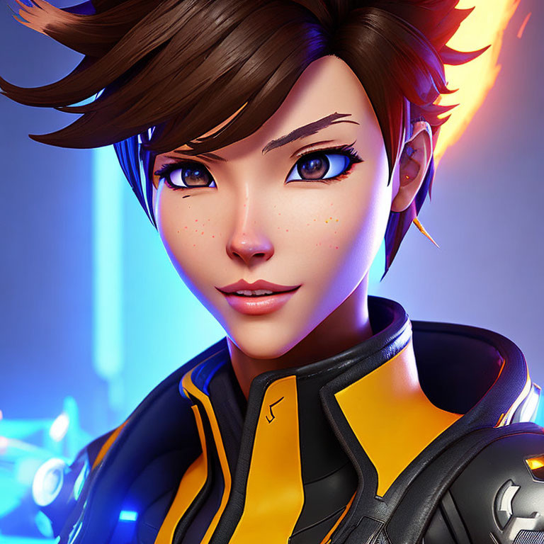 Stylized digital art portrait of a futuristic female character