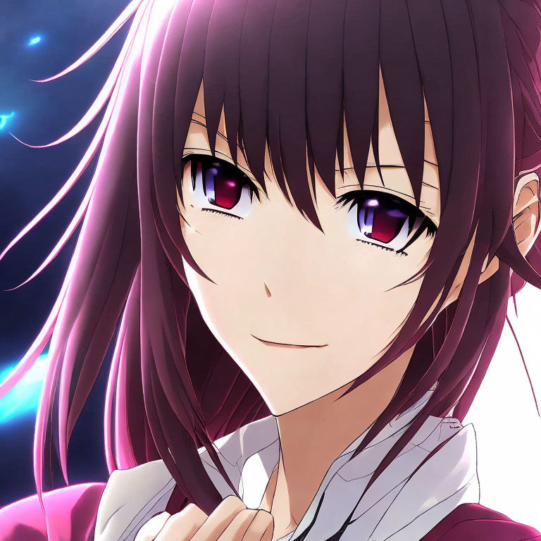 Detailed close-up of smiling anime girl with purple eyes and long dark hair in school uniform against night sky