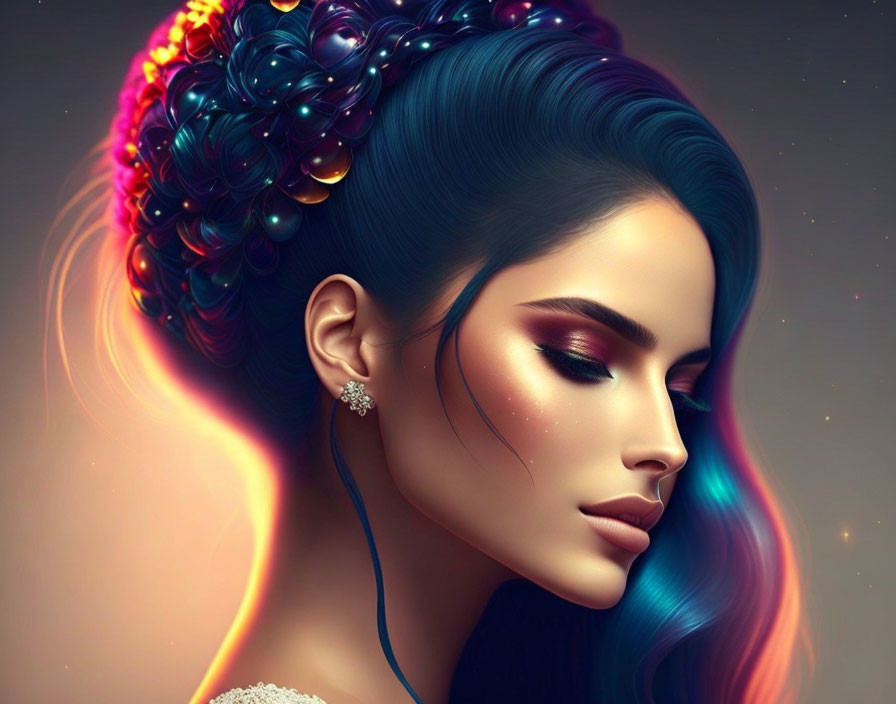 Vibrant multicolored hair and intricate hairstyles digital artwork.