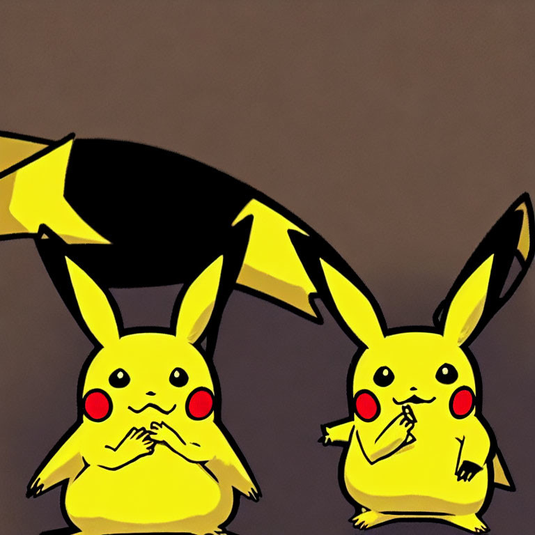 Illustrated Pikachu characters mirroring each other on brown background