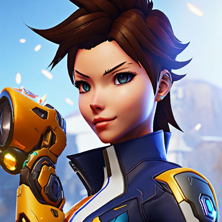 Spiky Brown-Haired Female Character with Futuristic Gun and Blue Eyes