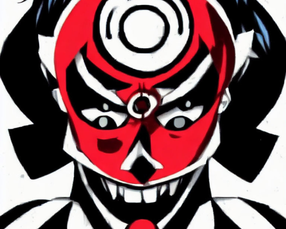 Stylized face with red-and-white design and striking contrasts