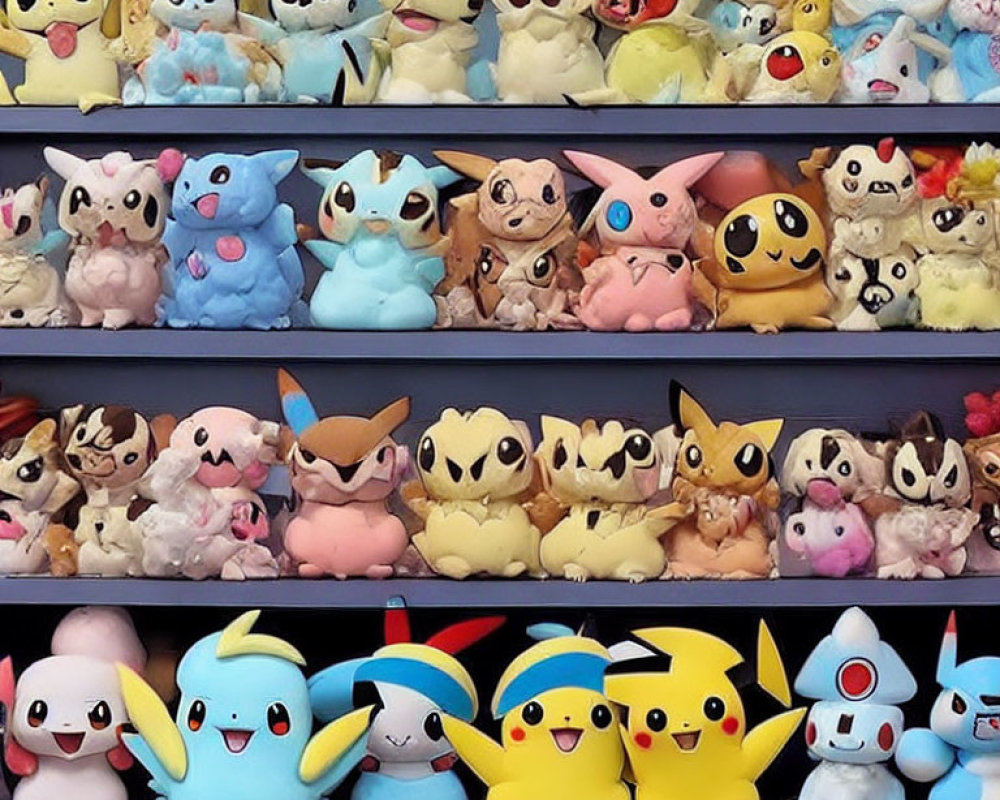 Assorted Pokémon Figurines Displayed on Pastel Shelves