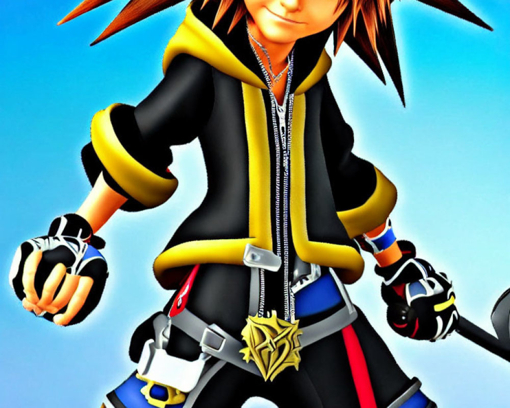 Animated character with spiky brown hair in black and yellow attire