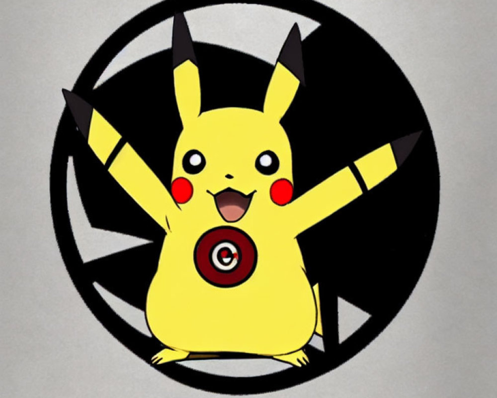 Yellow Pikachu Pokémon in front of black circle with lightning bolts, arms raised