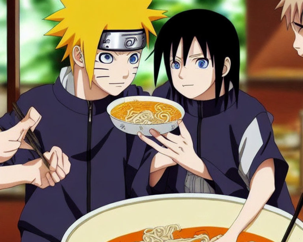 Animated characters with yellow and black hair holding ramen bowl