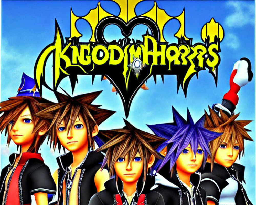 Stylized characters with large anime-like eyes and spiky hair in Kingdom Hearts cover art