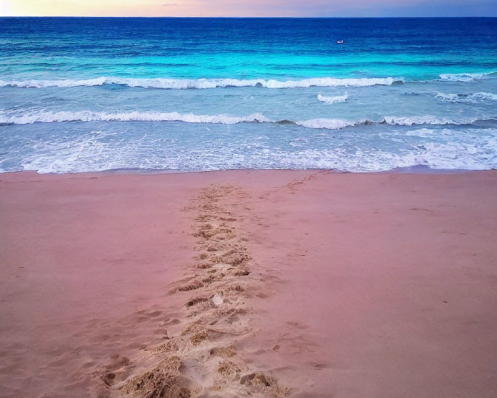 Tranquil beach scene with footprints and turquoise waves