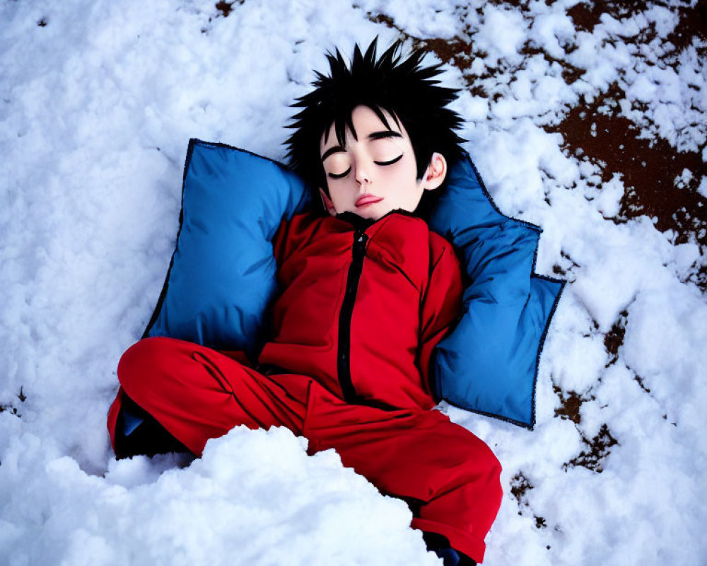 Person in Red Suit Lying on Blue Pillow in Snow