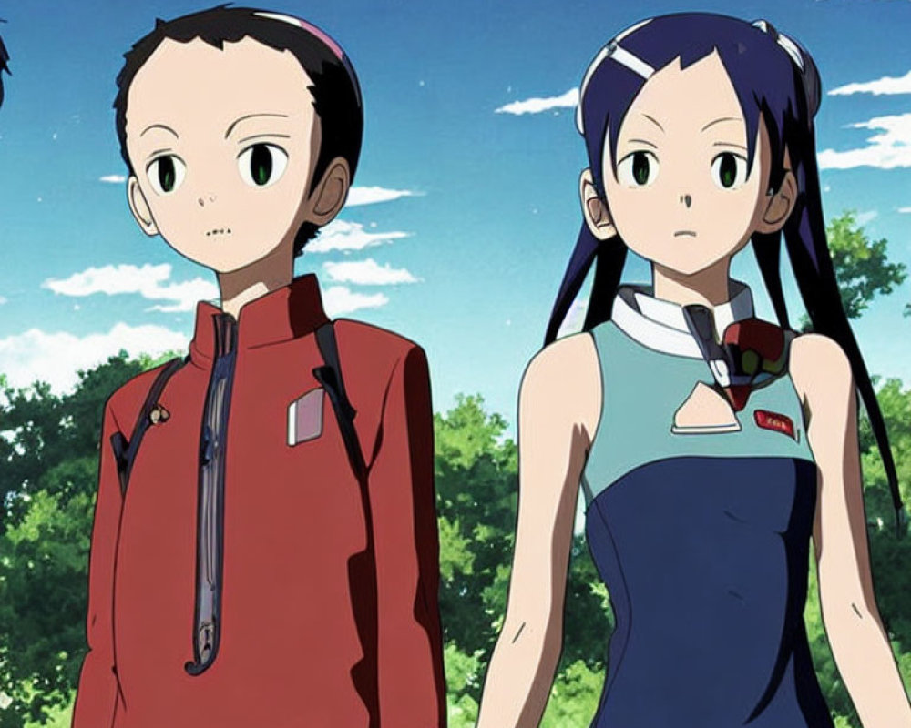 Two animated girls in red and blue outfits under clear blue sky and greenery