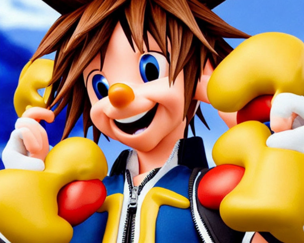 Smiling animated character with spiky brown hair in black jacket and yellow gloves