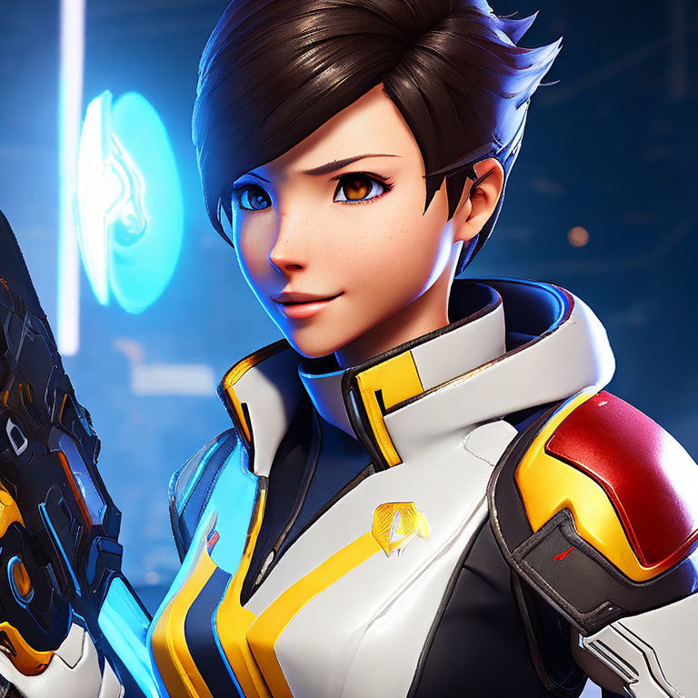 3D-rendered image of female character in futuristic uniform