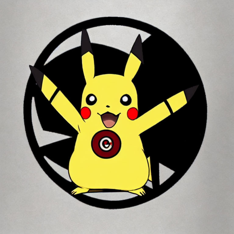 Yellow Pikachu Pokémon in front of black circle with lightning bolts, arms raised