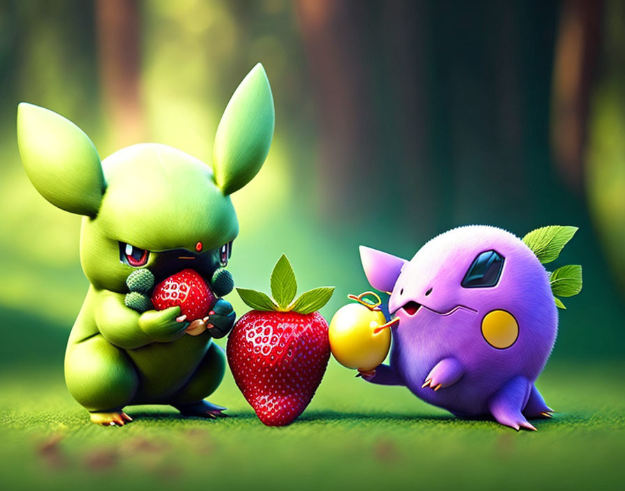 Scyther and Gengar in Forest with Oversized Strawberries