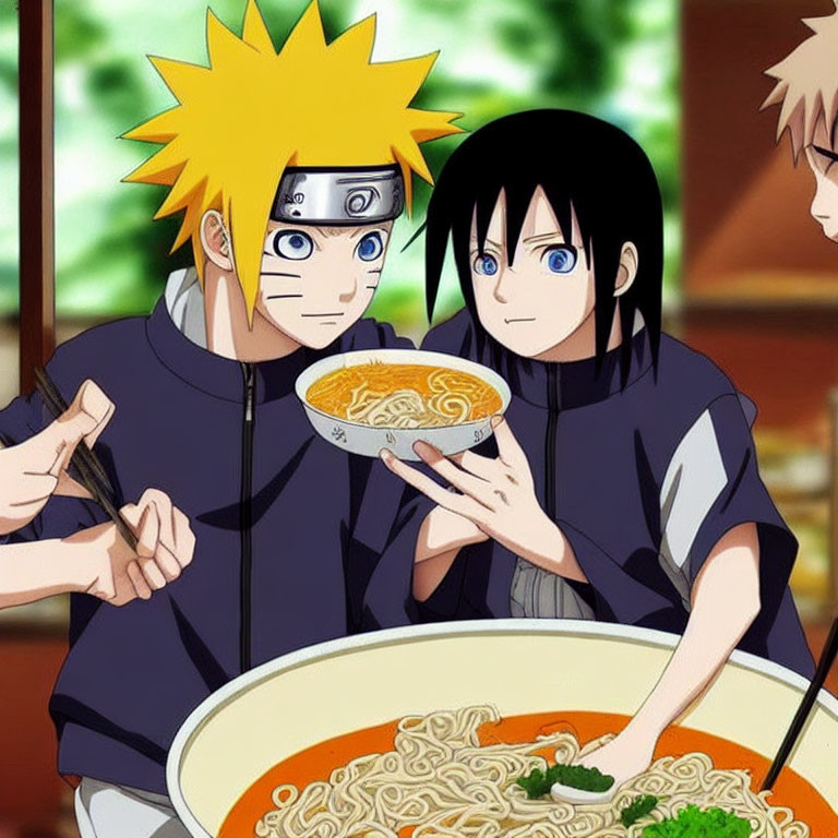 Animated characters with yellow and black hair holding ramen bowl