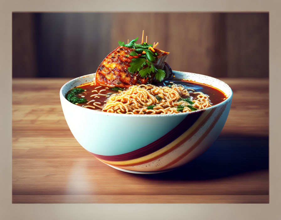 Spicy ramen bowl with noodles, broth, grilled meat slice, and herbs on wooden surface