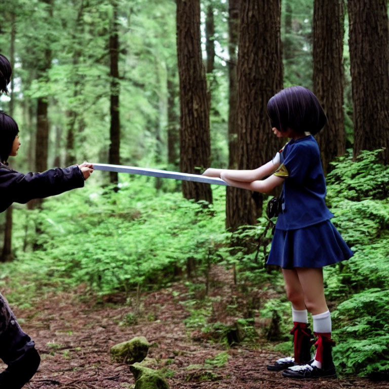 Playful sword fight in forest: Dark outfit vs. blue dress & red socks