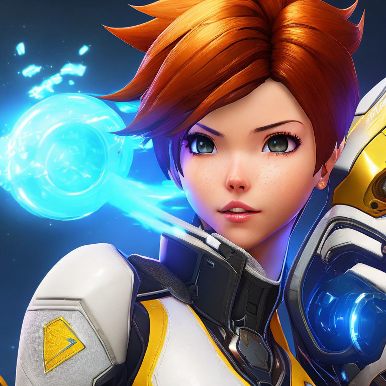 Stylized female character with orange hair in futuristic armor holding glowing blue orb