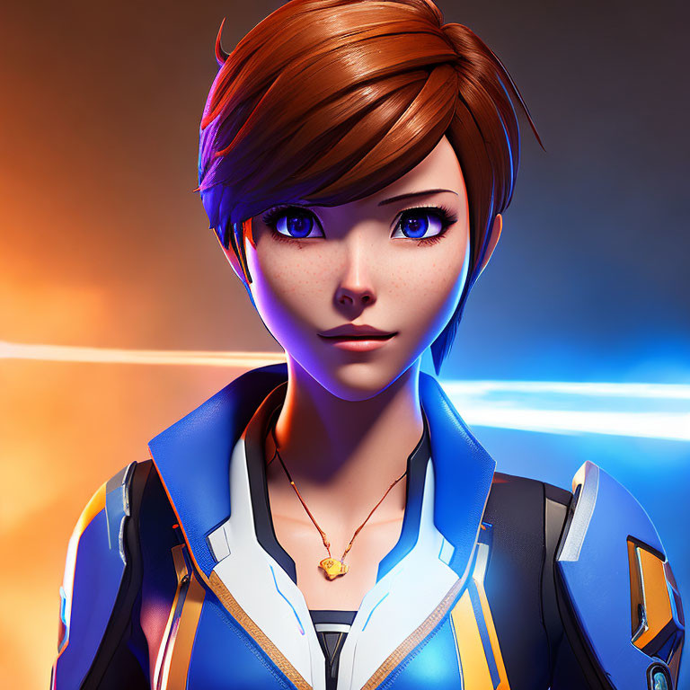 Female character with blue eyes and auburn hair in futuristic jacket - 3D illustration