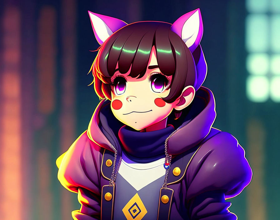 Pink cat-eared animated character in purple hoodie against city lights