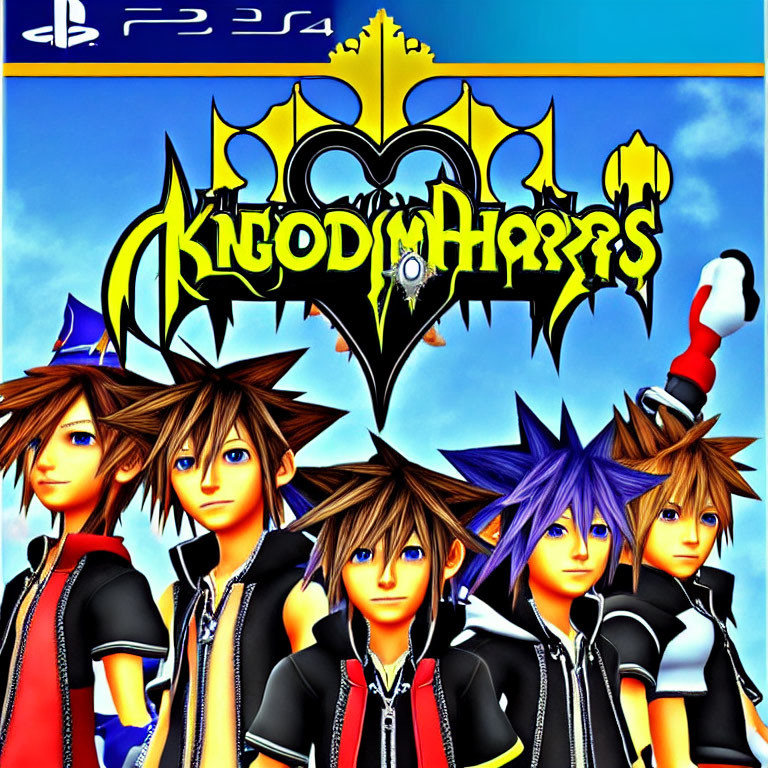 Stylized characters with large anime-like eyes and spiky hair in Kingdom Hearts cover art