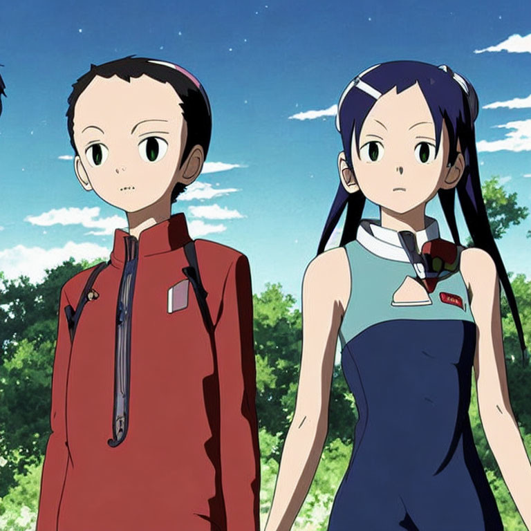 Two animated girls in red and blue outfits under clear blue sky and greenery