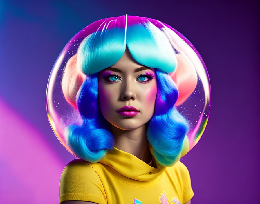 Digital illustration: Woman with blue and pink hair, cosmic halo, yellow top, purple background