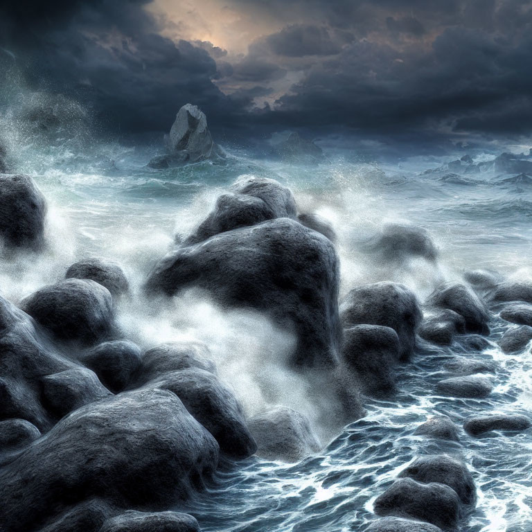 Stormy Sky Over Waves Crashing on Moss-Covered Rocks