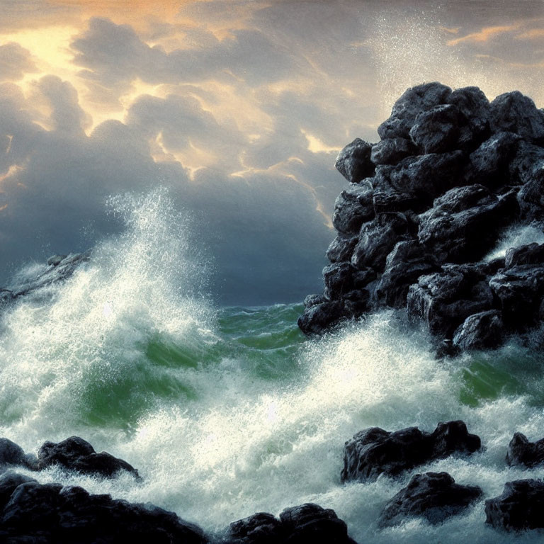 Dramatic waves crashing against rocky shores under sunlit clouds