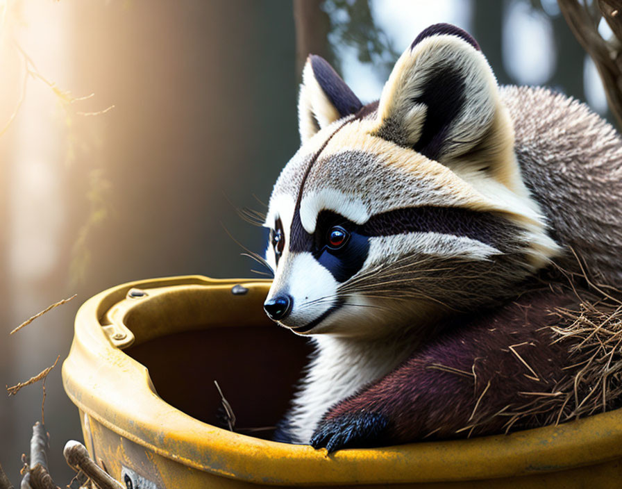 Raccoon in Yellow Pot Surrounded by Nature