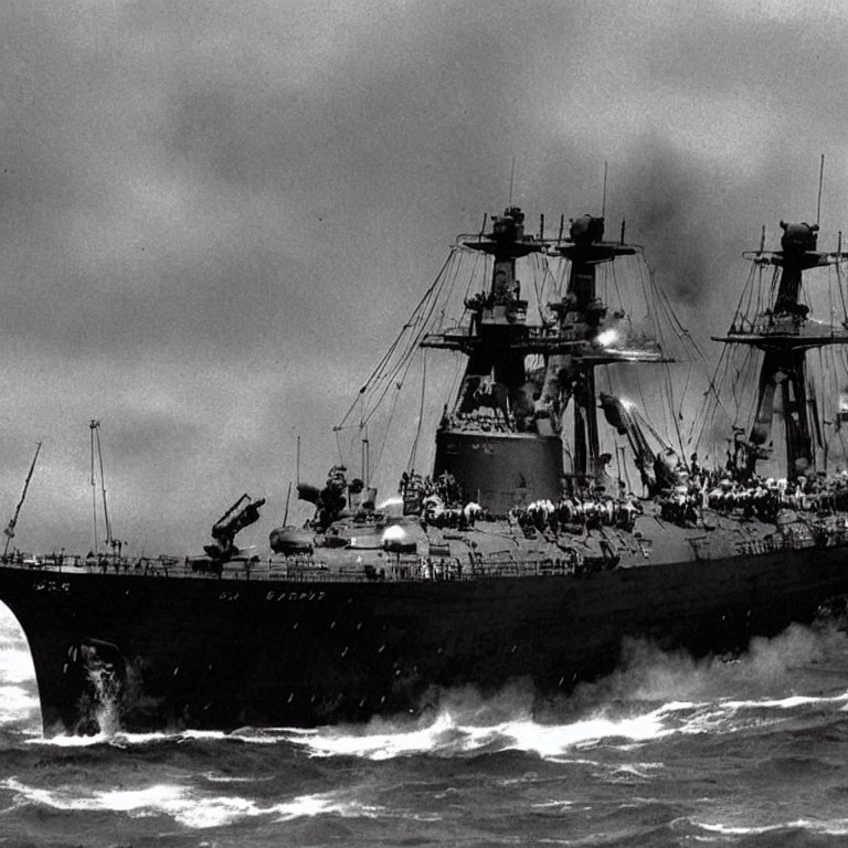 Monochrome image: Naval warship in stormy seas