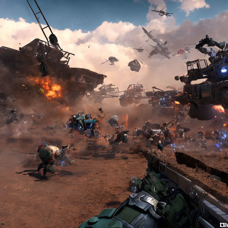 Explosive futuristic battle scene with soldiers in power armor and flying vehicles on a dusty field