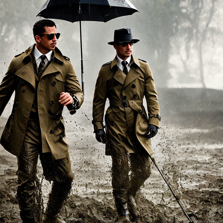 Men in sunglasses and trench coats walking under umbrella on muddy path with water splashing.