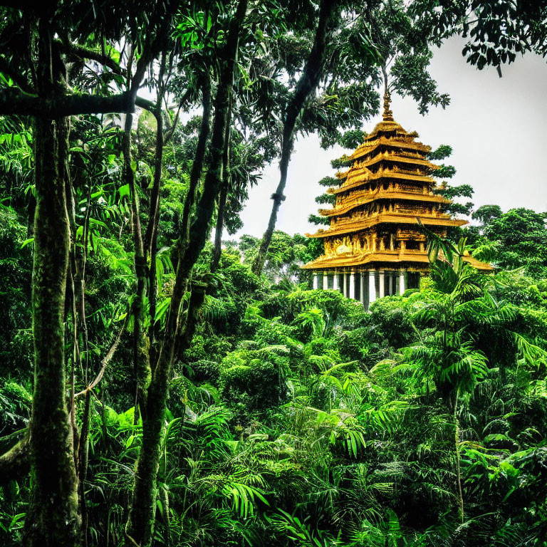 Golden Pagoda Surrounded by Tropical Forest and Cloudy Sky