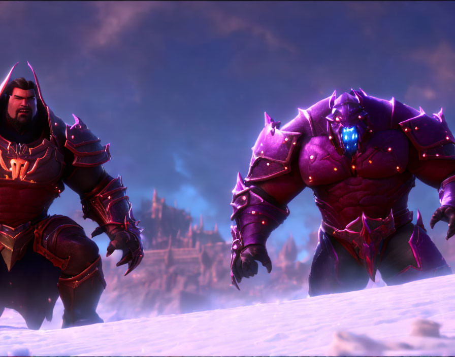 Armored fantasy characters in snowy landscape with glowing elements and castle backdrop