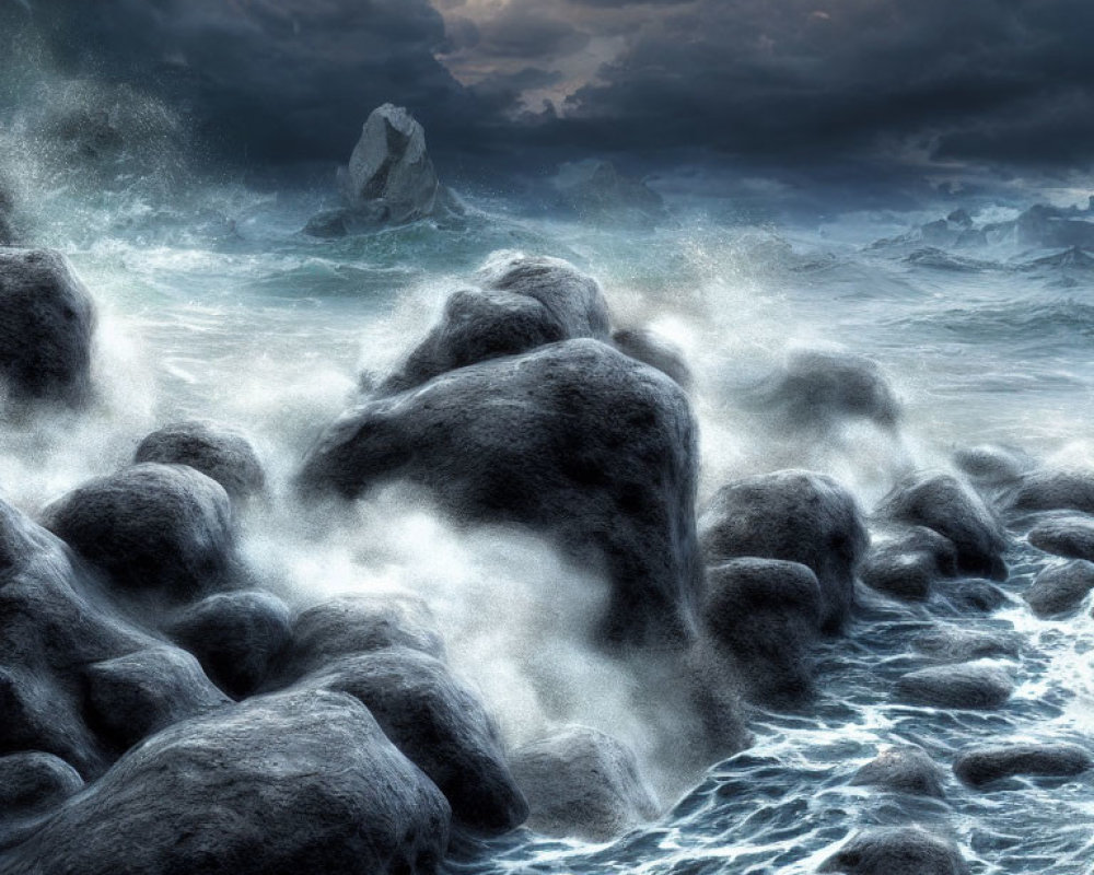 Stormy Sky Over Waves Crashing on Moss-Covered Rocks