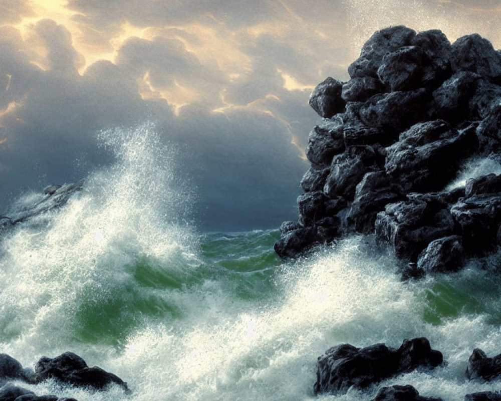 Dramatic waves crashing against rocky shores under sunlit clouds