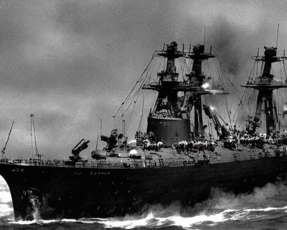 Monochrome image: Naval warship in stormy seas