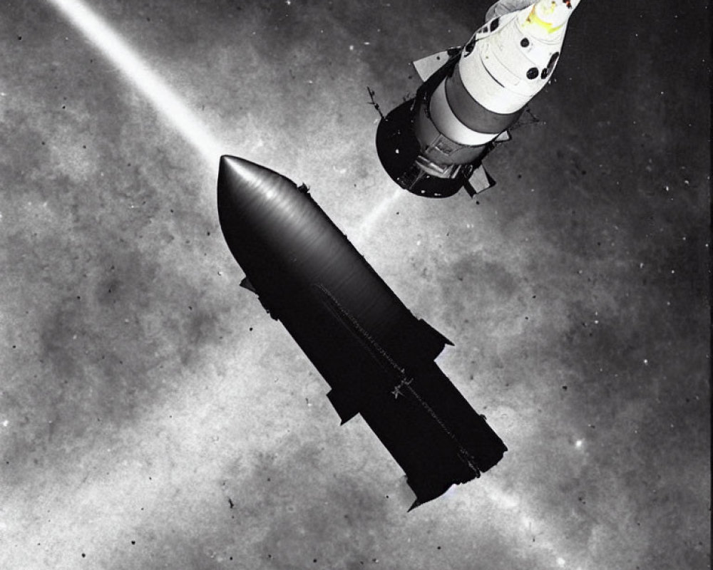 Futuristic black rocket approaching lunar module in space