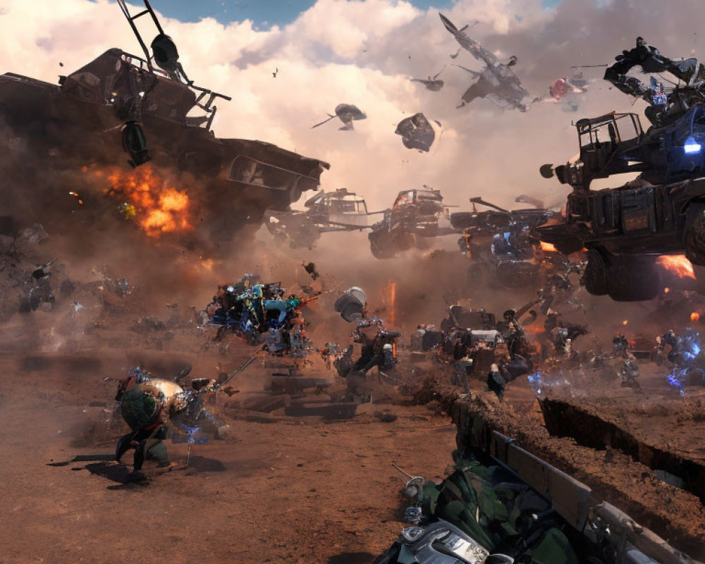 Explosive futuristic battle scene with soldiers in power armor and flying vehicles on a dusty field