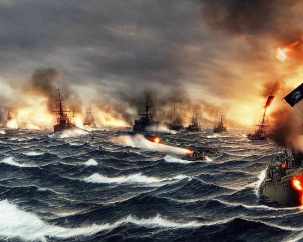 Intense naval battle scene with ships, explosions, and stormy sky