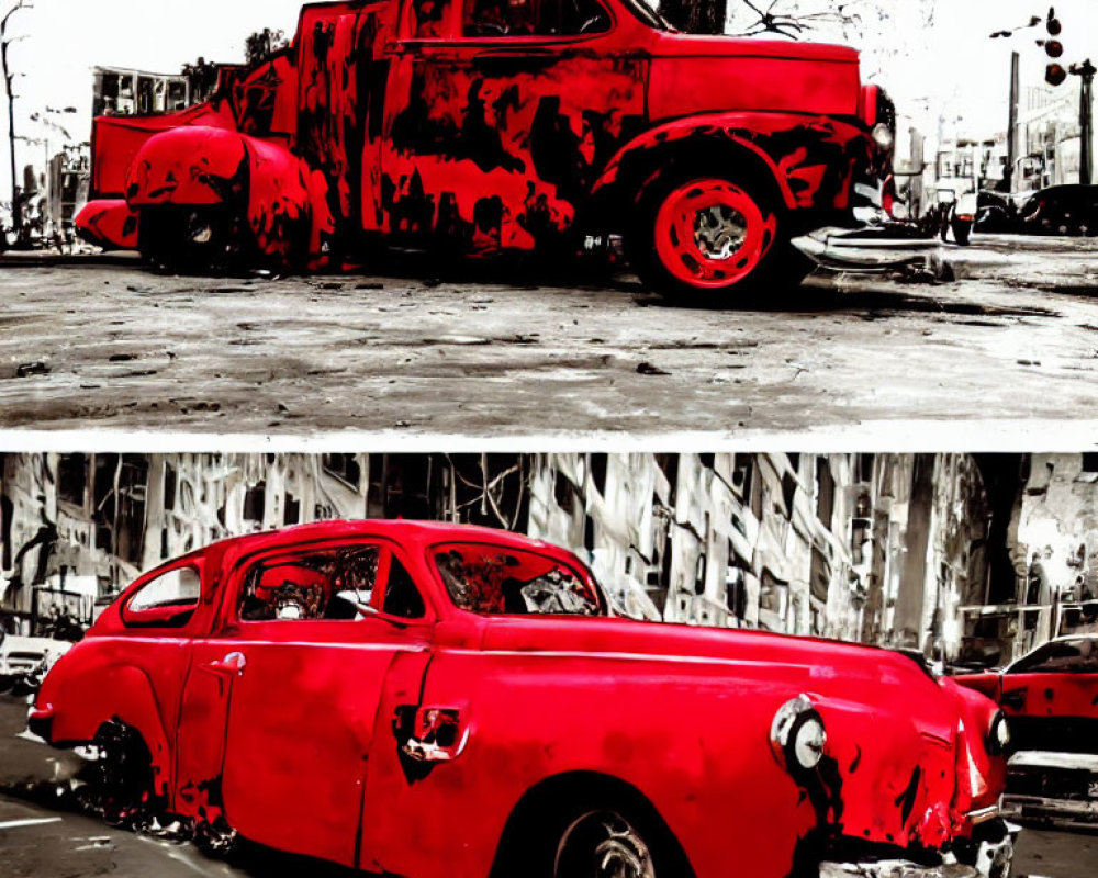 Vintage cars with red splatter effects on black and white city backdrop.