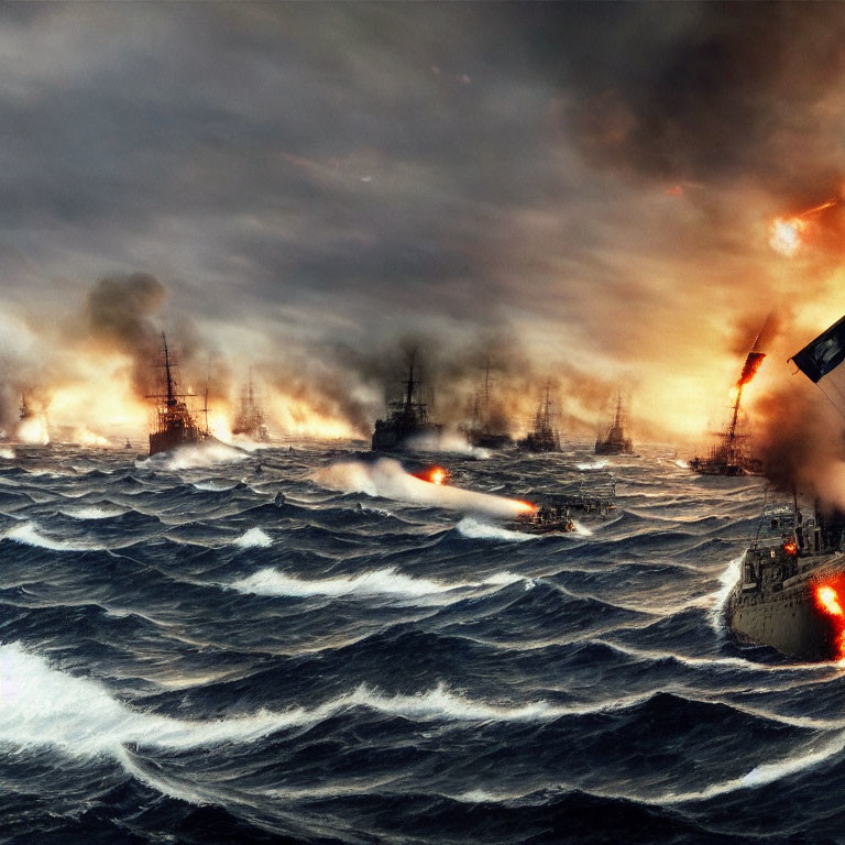 Intense naval battle scene with ships, explosions, and stormy sky