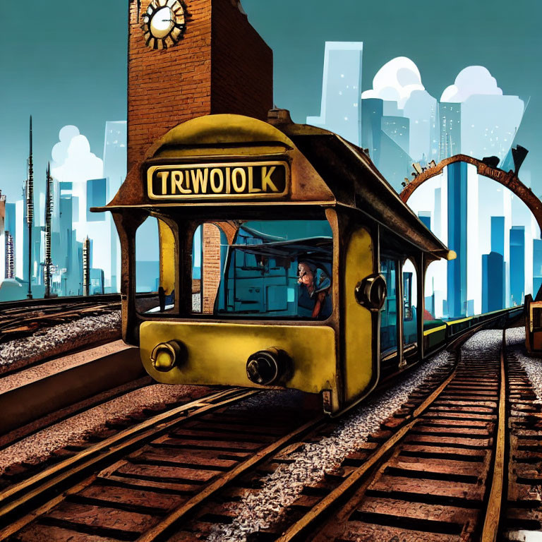 Vintage Style Tram with "TRIWIO1LK" on Front, Conductor, Clock Tower