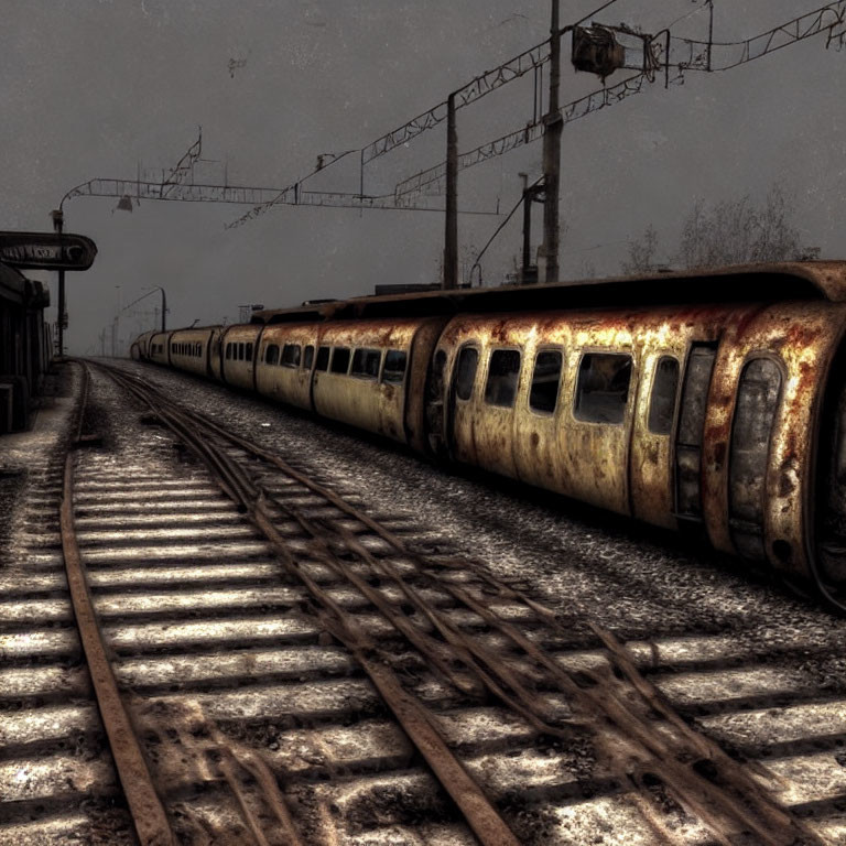 Abandoned, rusted train on overgrown tracks at desolate station