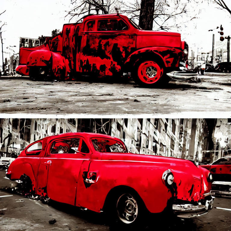 Vintage cars with red splatter effects on black and white city backdrop.