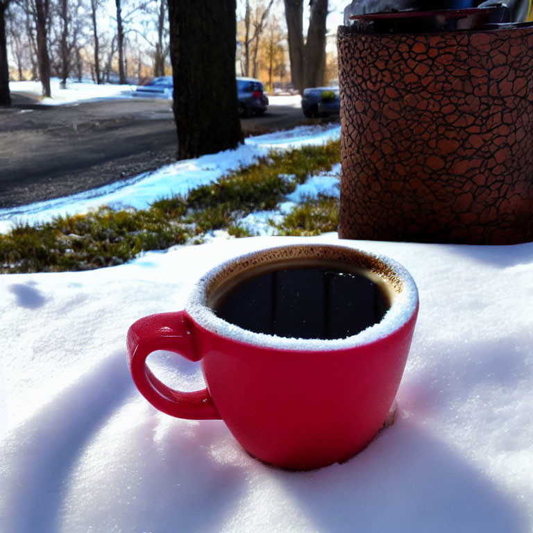 Pink Cup of Coffee on Snowy Table with Sunlight Filtering Through Trees